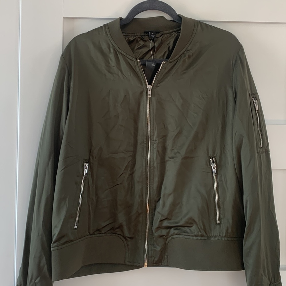 Olive Green Satin Bomber Jacket XL